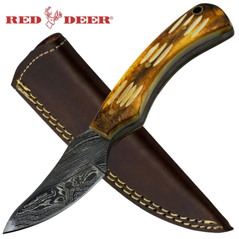 Red Deer Damascus Bright Brown Bone Hunting Knife